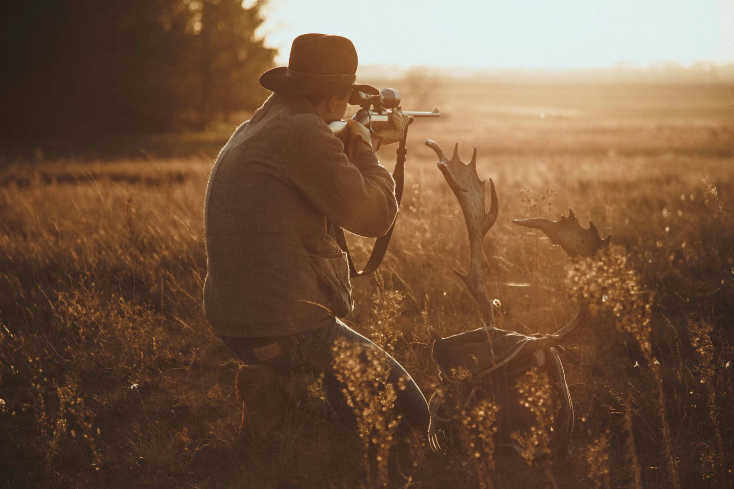 A hunter in a field with a gun